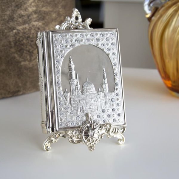 علبة القرآن الكريم صغيرة عاج فضية كعبة مع حمالة