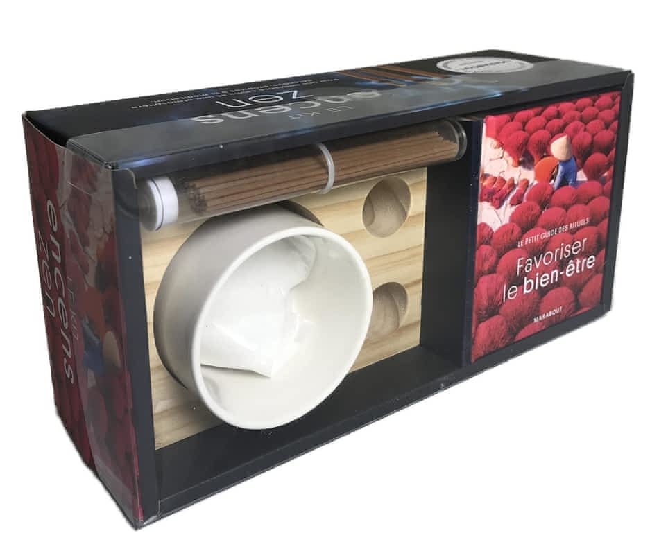 Coffret Le kit encens zen  - Le petit guide des rituels - Favoriser le bien-être, avec des batônnets d'encens, un encensoir en céramique et son sable, un support en bois massif