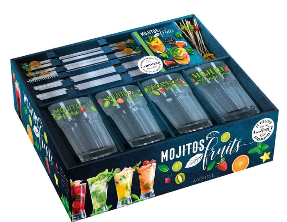 Mojito fruits  - Coffret avec 4 jolis verres à mojito, 4 pailles en verre, 4 agitateurs ananas en verre et 12 pics à brochettes