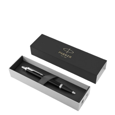 Stylo à bille, laque noire, attributs chromés, pointe moyenne