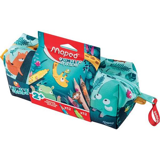 Trousse en tissu comprenant 12 feutres JUMBO + 12 crayons de couleur JUMBO