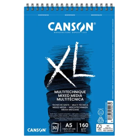 Bloc 30 feuilles de dessin XL MIXED MEDIA, A5 160 grammes, spirale sur le petit côté