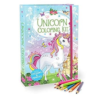 Unicorn Colouring Kit Set with 48 Colourful Pages &amp; 8 Stickers Sheets with 6 Full-Size Colour Pencils