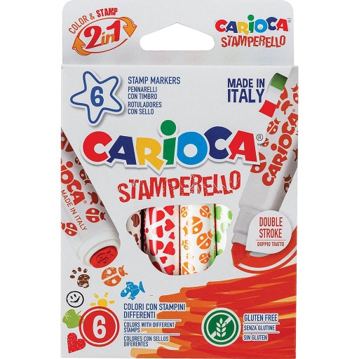Boîte 2 en 1 - 6 feutres + Tampons - Stamperello - deux pointes - CARIOCA