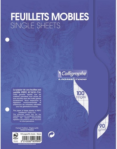 Feuilles Mobiles Perforées Séyès Blanches 17 x 22 100P 90G
