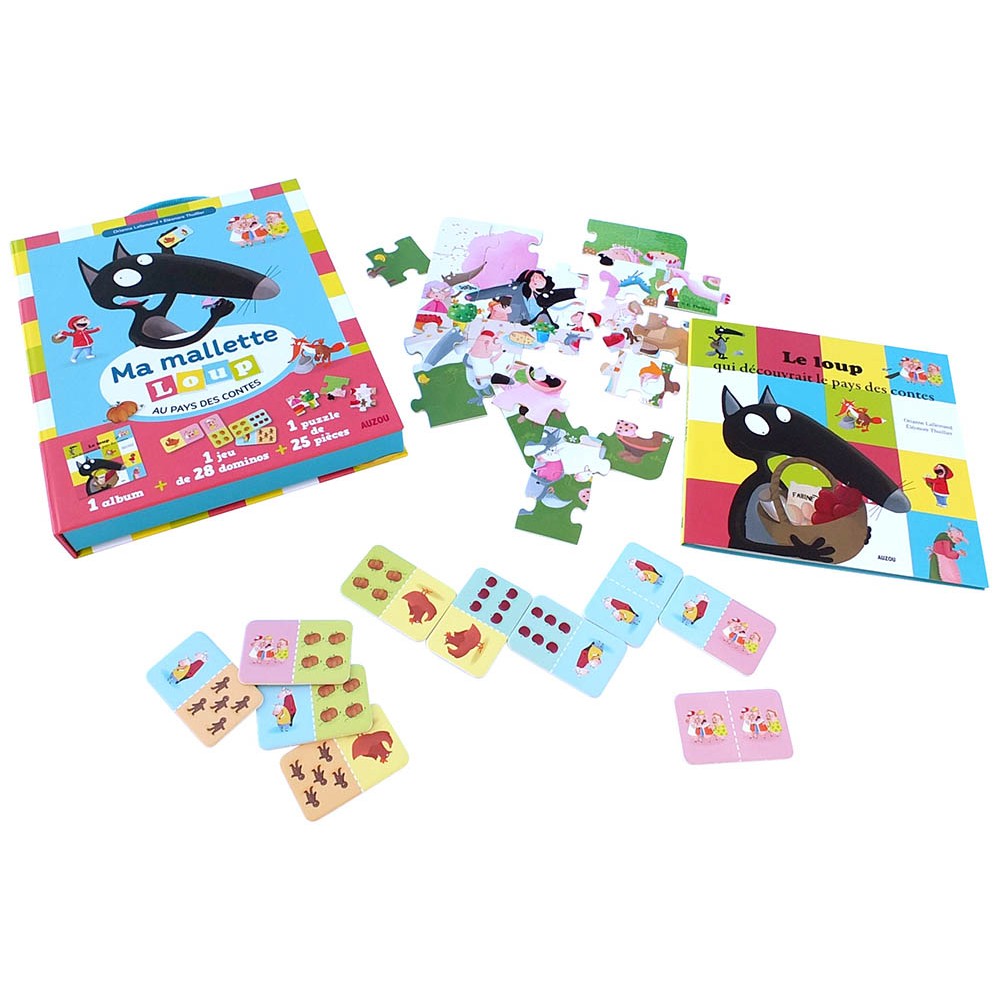 Ma malette Loup au pays des contes  - Contient : 1 album, 1 jeu de 28 dominos, 1 puzzle de 23 pièces